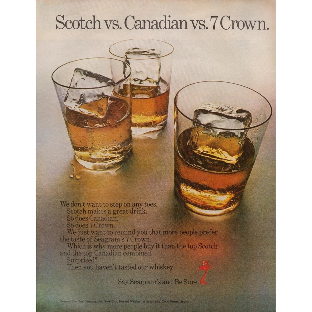 Seagram's 7 Crown Whisky Scotch Vintage Liquor Bar Decor Print Ad 1970